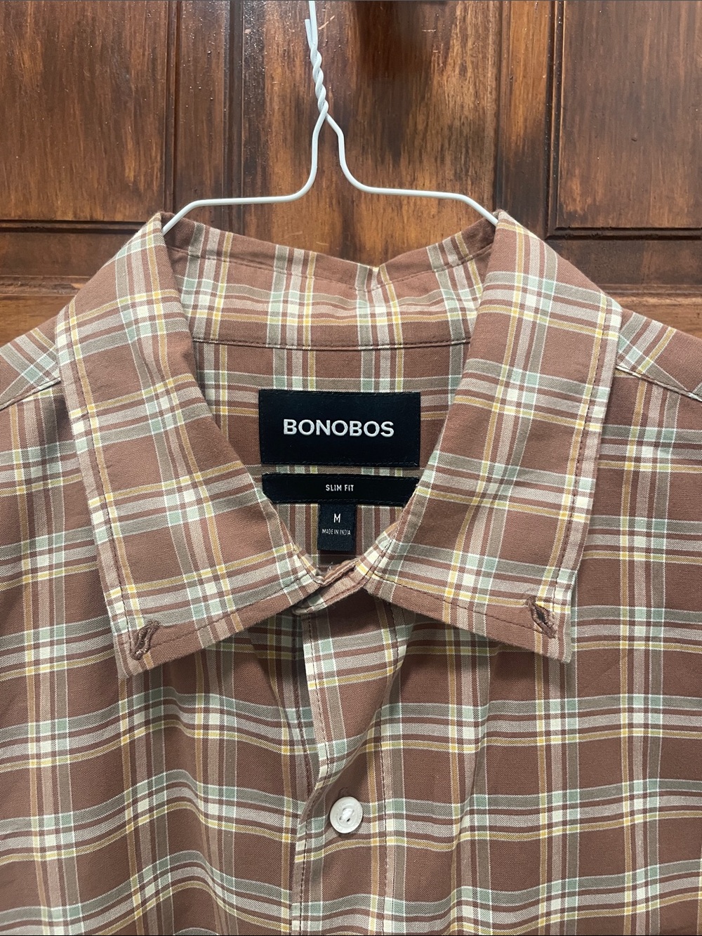 Bonobos Tan and Cream Plaid Button-Down Slim Fit Shirt, size medium. - Picture 6 of 7